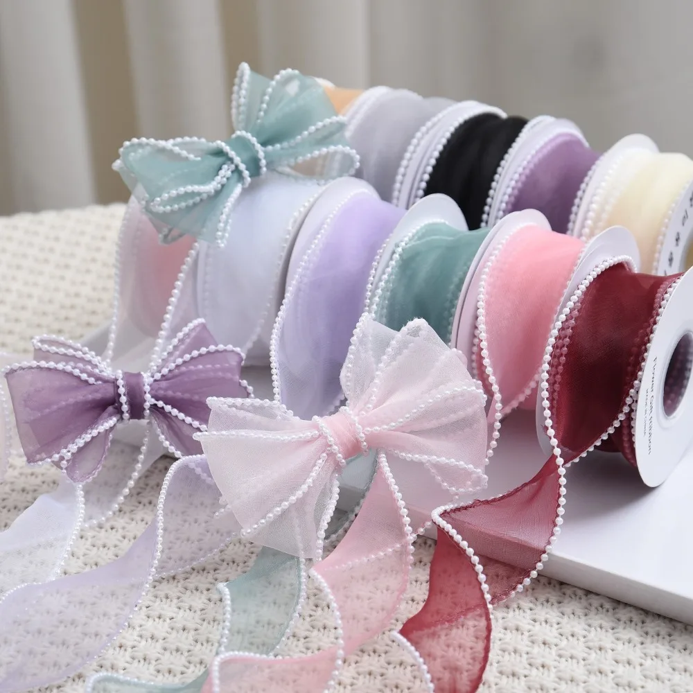 Decorative Pearl Edge Wrapping Ribbon DIY Solid Color Pearl Fishtail Gauze Gift Wrap Baking Lace Ribbon Gift