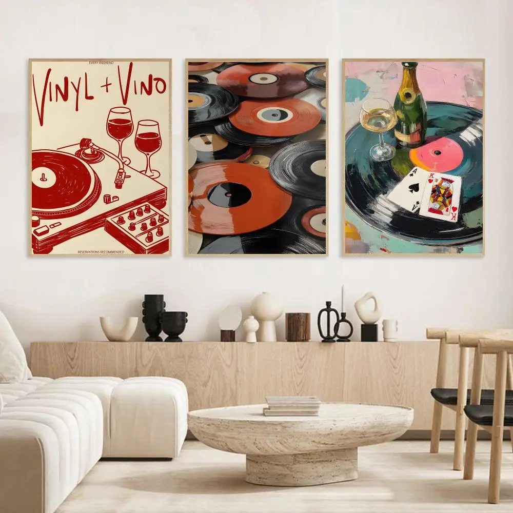Retro Black Woman Vinyl Record Player Poster Wall Stickers Self Adhesive Painting Art Decals for Bedroom Living Room Home Decor