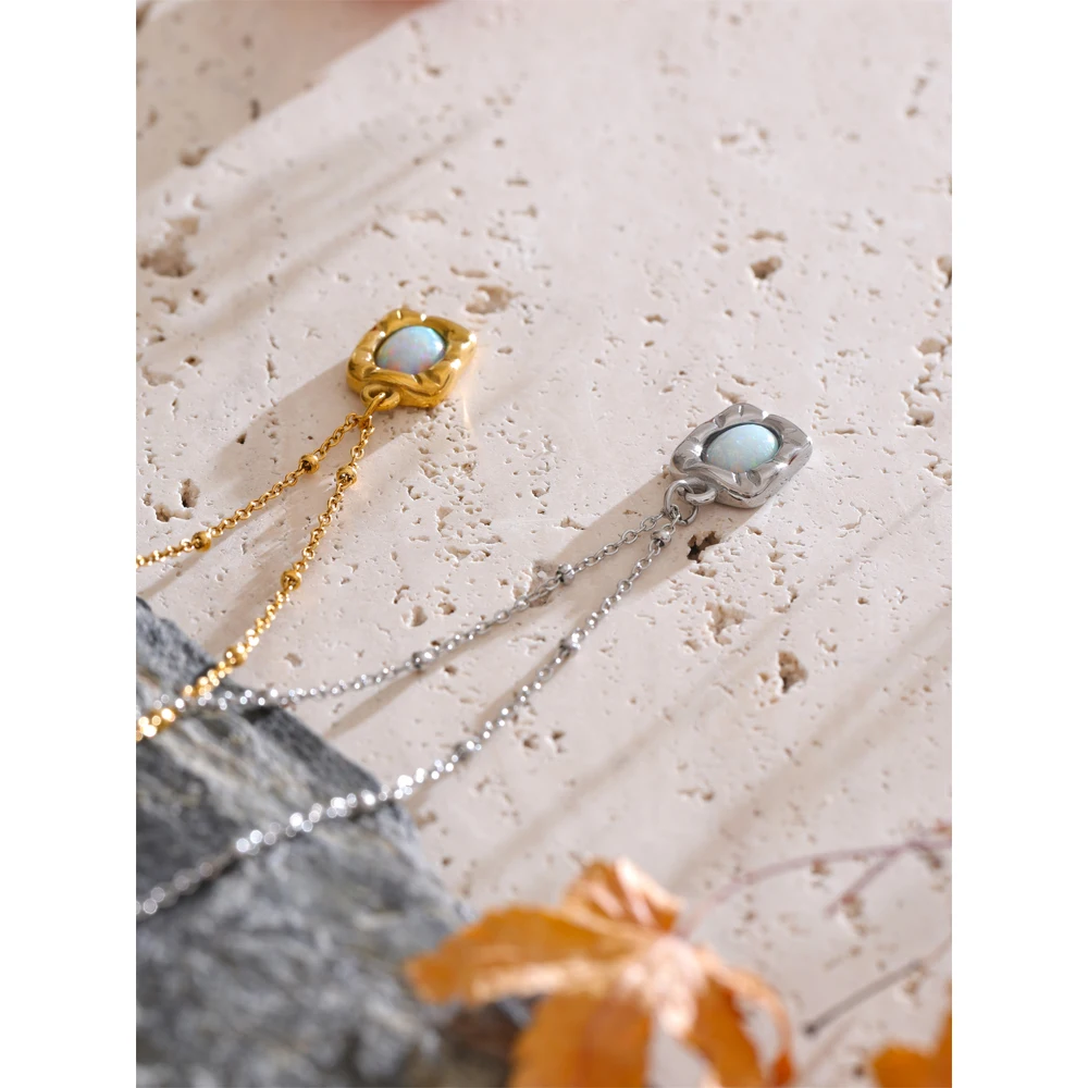 Yhpup High-Grade Imitation Australian Opal Stone Rectangle Pendant Necklace 316L Stainless Steel Arrivals Collar Jewelry