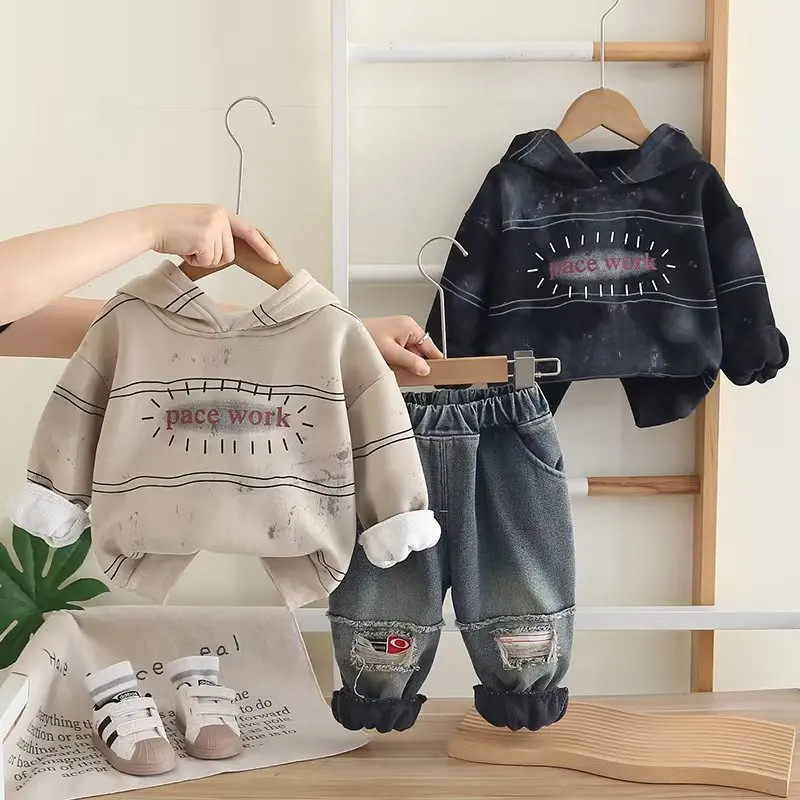 

Boys Thick Clothing Sets Winter Children Cotton Velvet Hoodies Tops Denim Pants 2pcs Sweatshirts Suit Baby Warm Tracksuits Kids