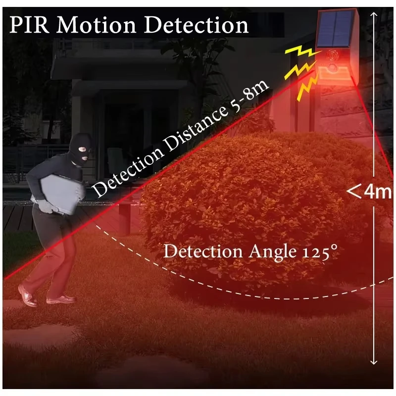 Imagem -03 - Detector de Sensor de Movimento Solar em Luz de Alarme Controle Remoto Sirene à Prova Dágua 129db Lâmpada para Casa Quintal ao ar Livre Fazenda