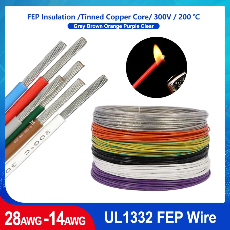 

1M-50M UL1332 PTFE Wire FEP Insulated Cord 28 26 24 22 20 18 16 14AWG High Temperature Acid Resistant OFC Tinned Copper Cable