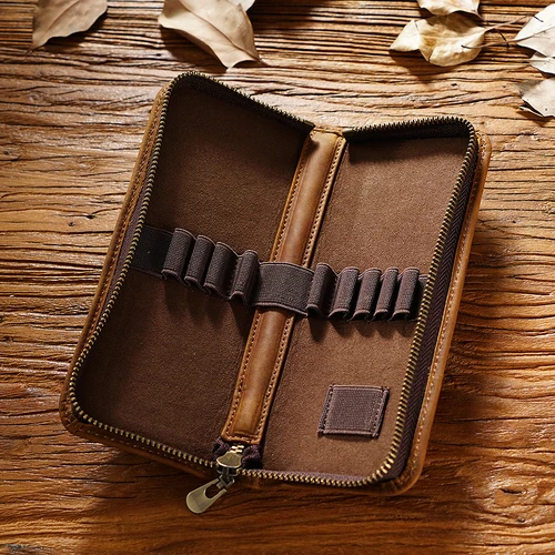 Imagen 2 del producto Estuche de bolígrafo de cuero de plena flor vintage auténtico: estuche cuadrado con cremallera de cuero Crazy Horse, caja de lápices creativa con orejas auténticas