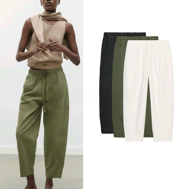 

New Women's High Waist Straight Leg Cotton Comfortable Elastic Waist Long Pants Spring Summer Faion Casual Trousers