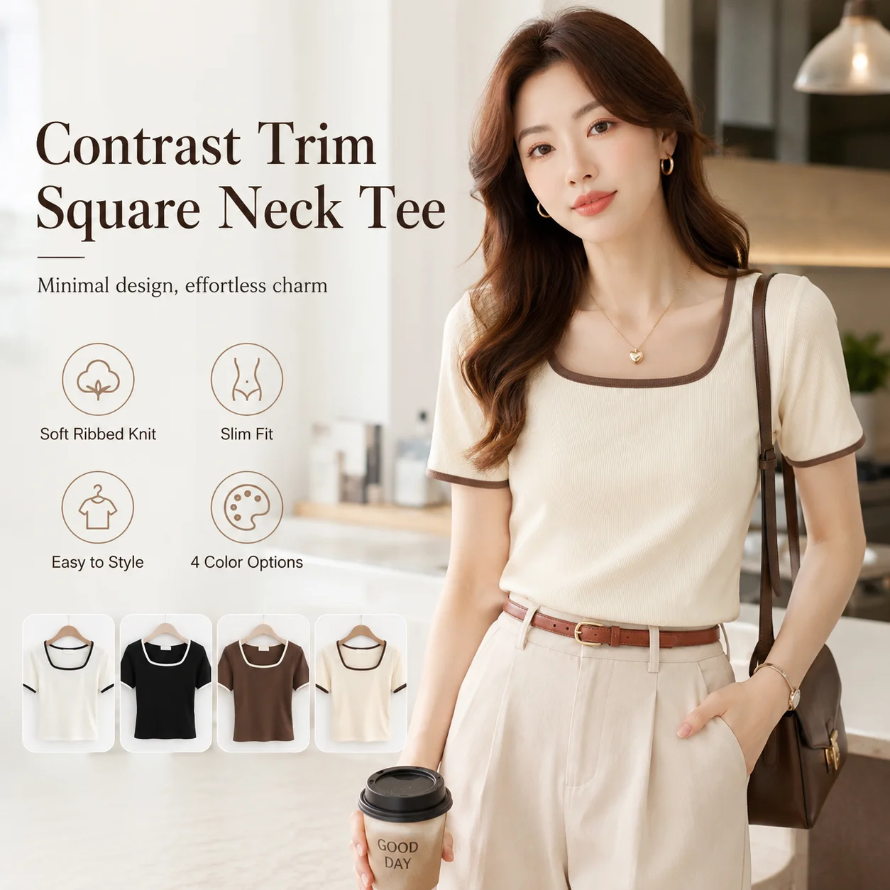 Women Contrast Trim Square Neck T Shirt Short Sleeve Ribbed Knit Slim Fit Summer Casual Tee Korean Style Basic Top