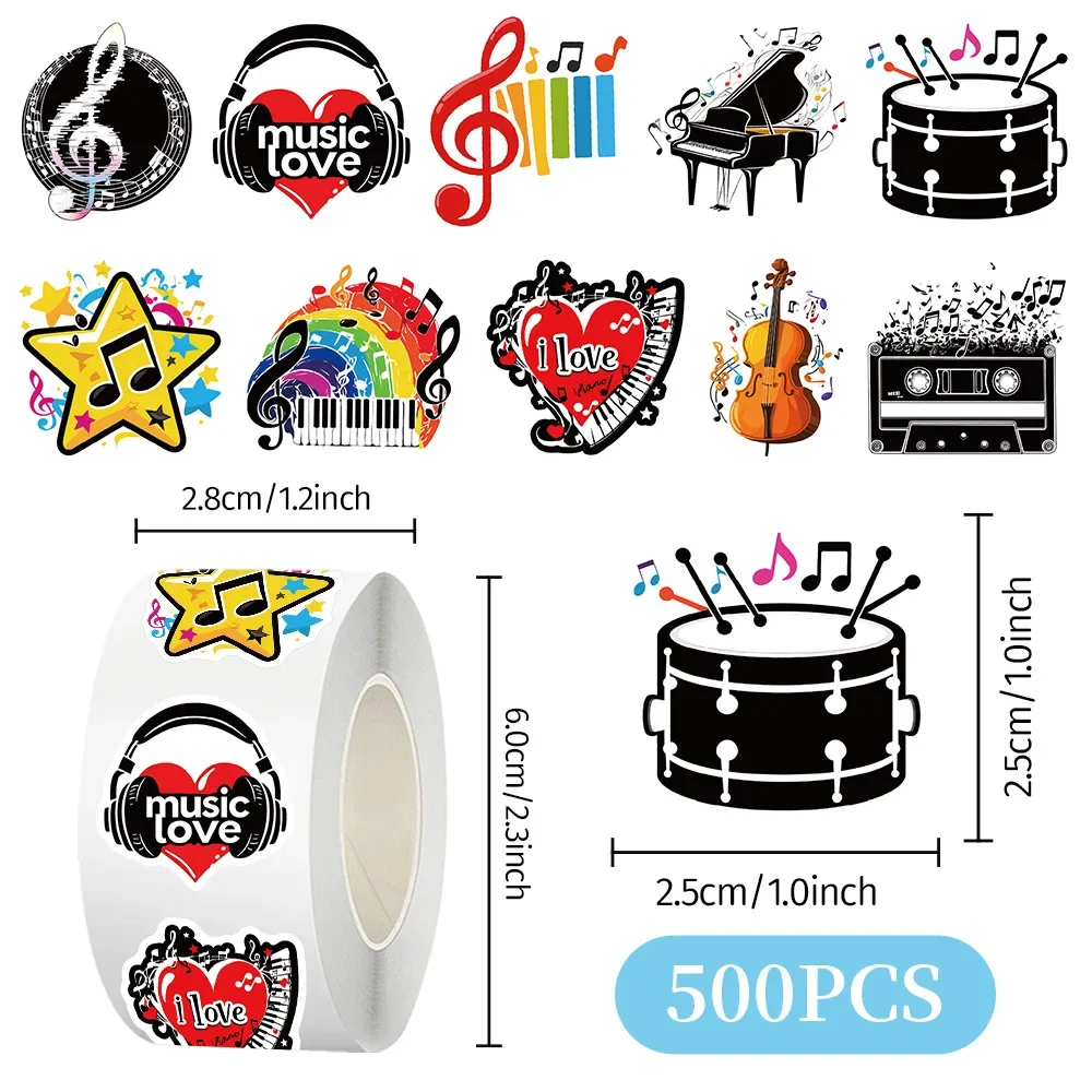 500pcs Roll Stickers Musical Instrument Notes Diy Stickers Anime Seal Label Decorative Cartoon Kids Party Candy Rolls Stickers