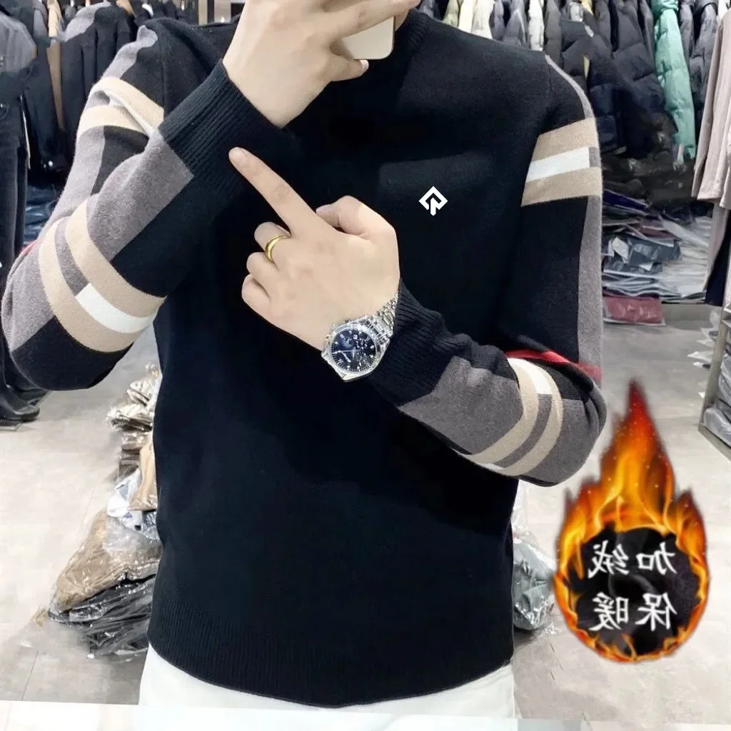 韓国ゴルフセーターメンズゴルフウェア 2024 秋冬新ゴルフニットラウンドネックストライプジャカード織りトップ男性ゴルフ服