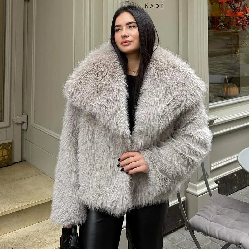 

Trendix Winter Faux Fur Coat Oversized Women Fashion Turn Down Long Sleeve Warm Cardigan Jacket Office Casual Commuter Outerwear