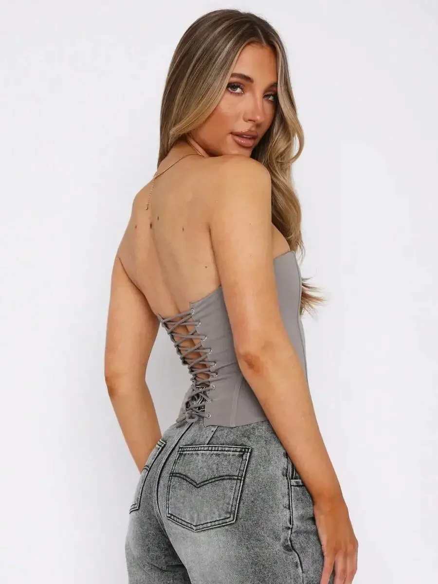 

Women Strapless Corset Top With Lace Up Back Boned Overbust Crop Top For Club Night Out