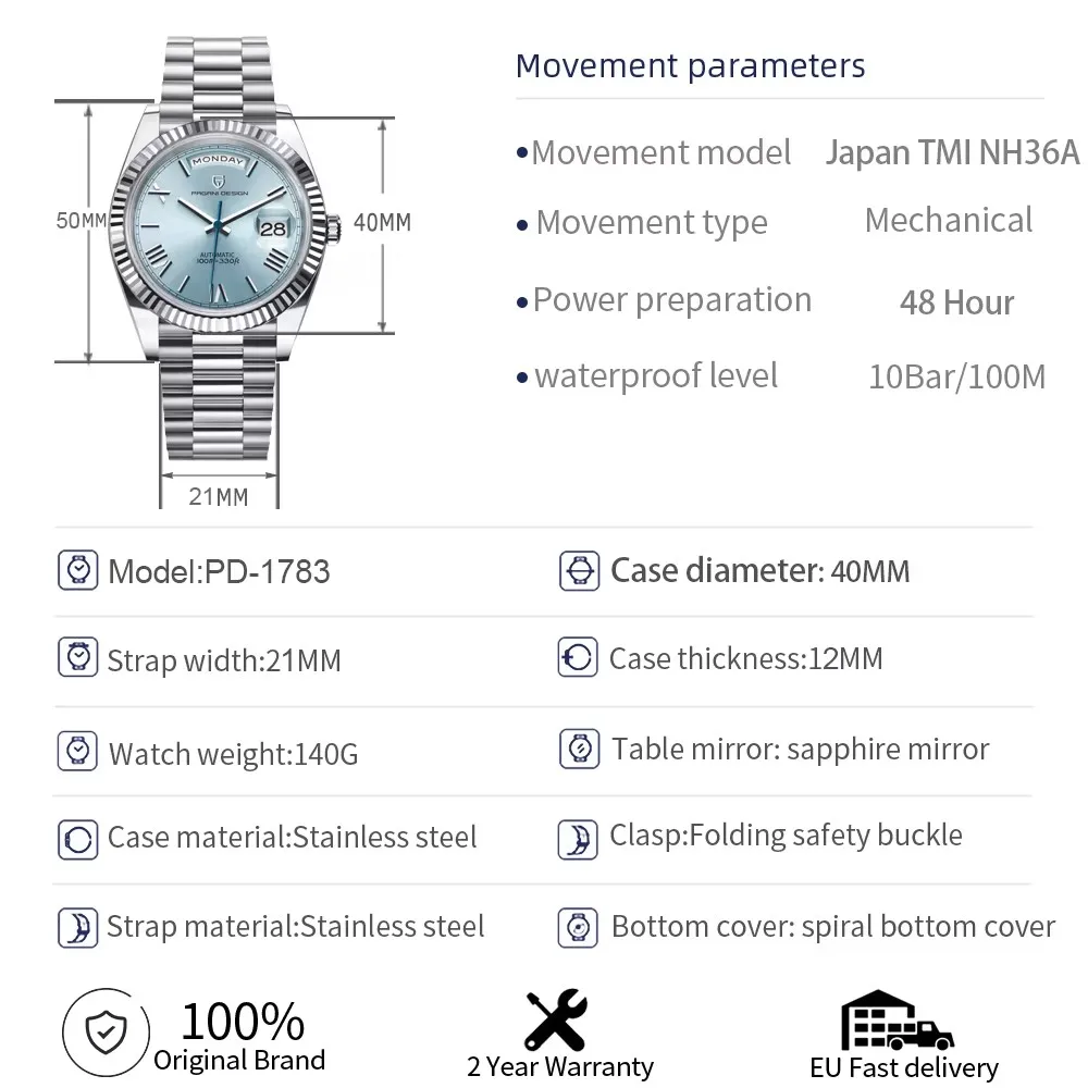 PAGANI DESIGN 40mm Dial NH36A Mechanical Man watch Sapphire Mirror All Steel Waterproof Watch Week Calendar Type Luxury Watches