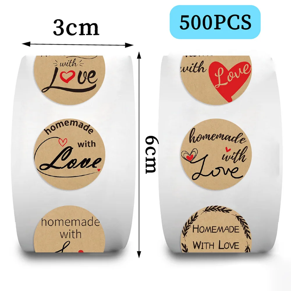 500 pcs/10 types vintage Paper Handmade With Love Stickers for Package Thank You Stationery Adhesive Labels Baking Seals