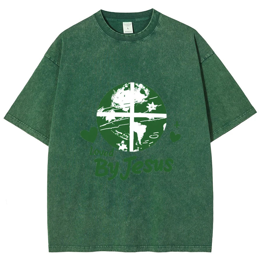 Loved By God Y2k Washed Short Sleeve TShirt, Cartoon Creative Printed Unisex Vintage Streetwear New Fashion Casual Tee Plus-Size