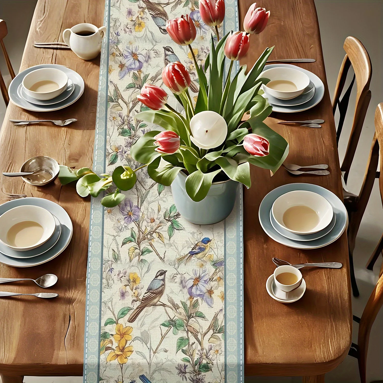 1 Stück Tischläufer mit Vogel- und Blumenmotiv, Frühlings-Blumendesign für Küchen- und Esstische, Heim- und Partydekoration