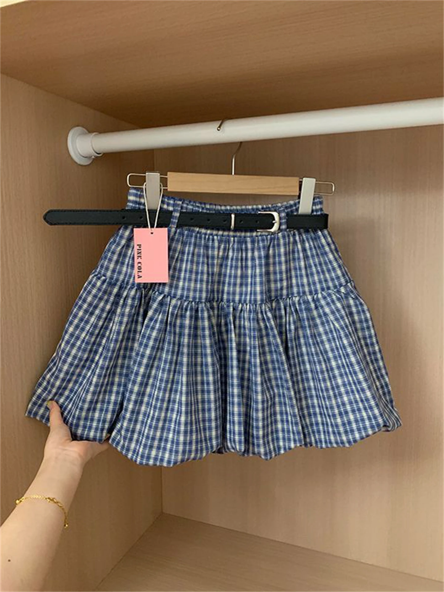 Koreaanse Sle Hoge Taille Geruite Bloemknop A-lijn Rok Dames Faion Lente Herfst Seizoen Ademend Comfortabel Polyes...