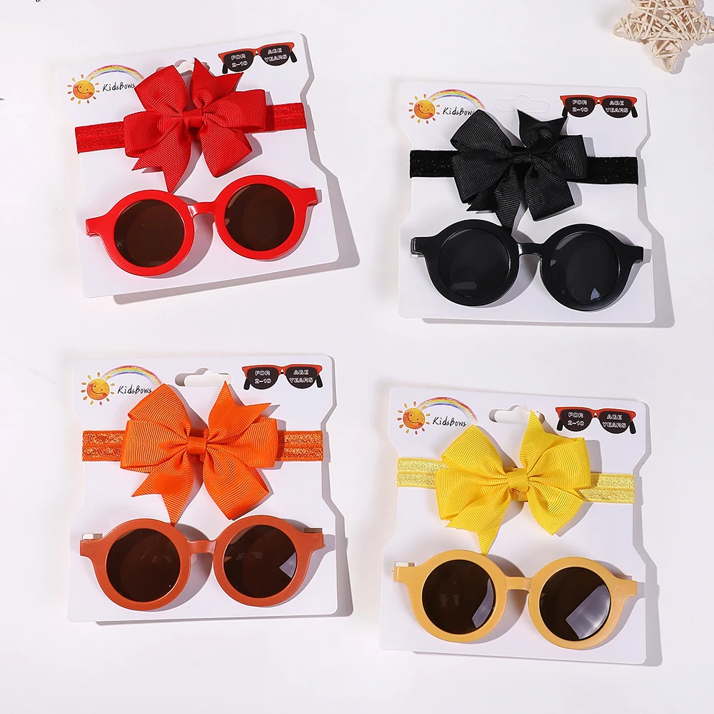 2Pcs Sunflower Ribbon Headband Sunglasses for Baby Girl Leisure Vacation Retro Round Heart Glasses with Big Bows Hair Clip Set