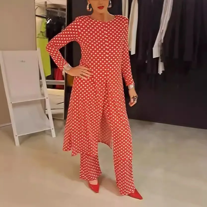 Autumn o neck polka dot print set for women fashion slit long top + wide leg pants 2-piece suit casual office ladies clothes