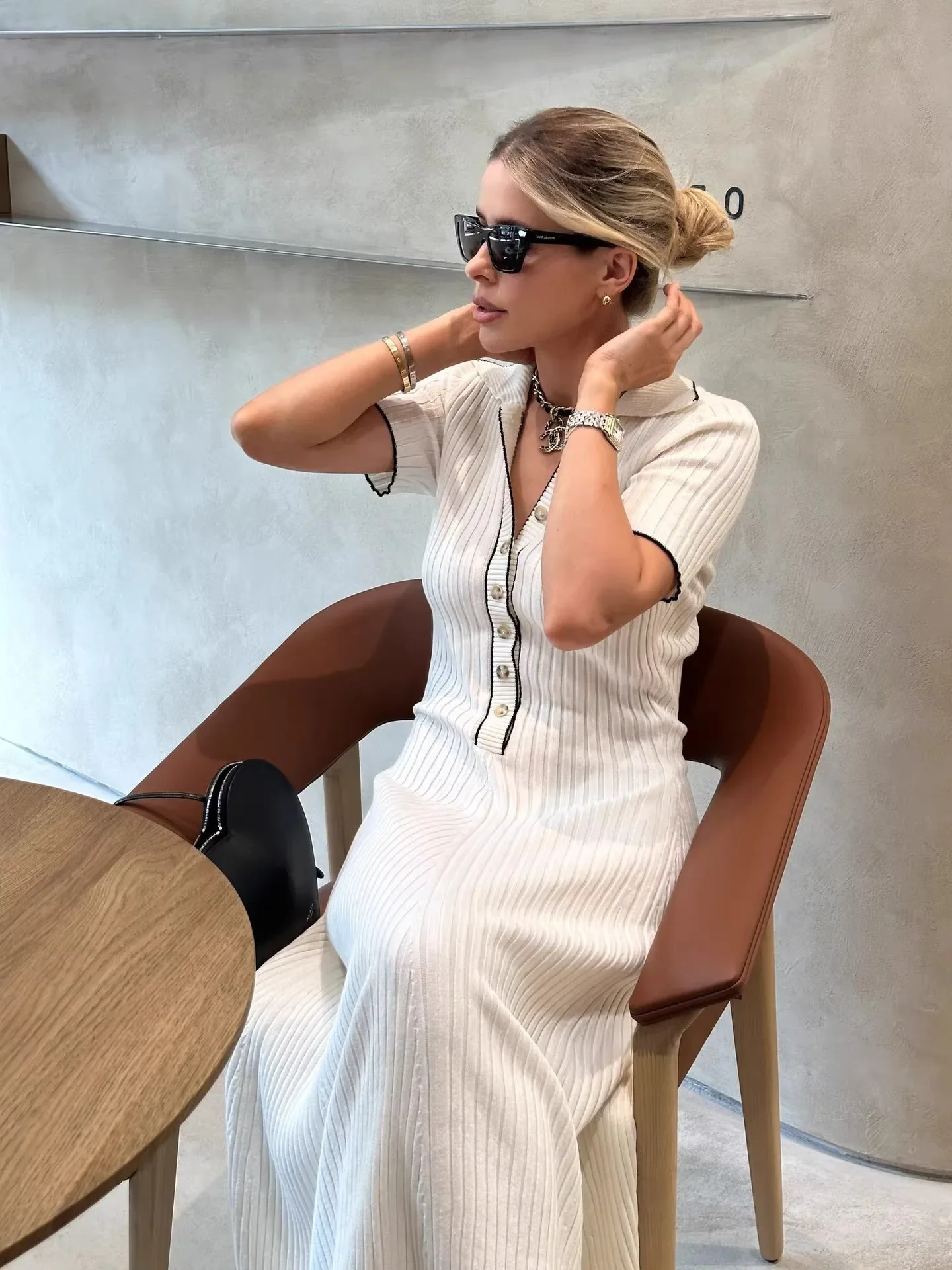 

European And American Single Breasted Knitted Dress, Women'S Summer Lapel Splicing, Slim Fit Temperament Long Skirt
