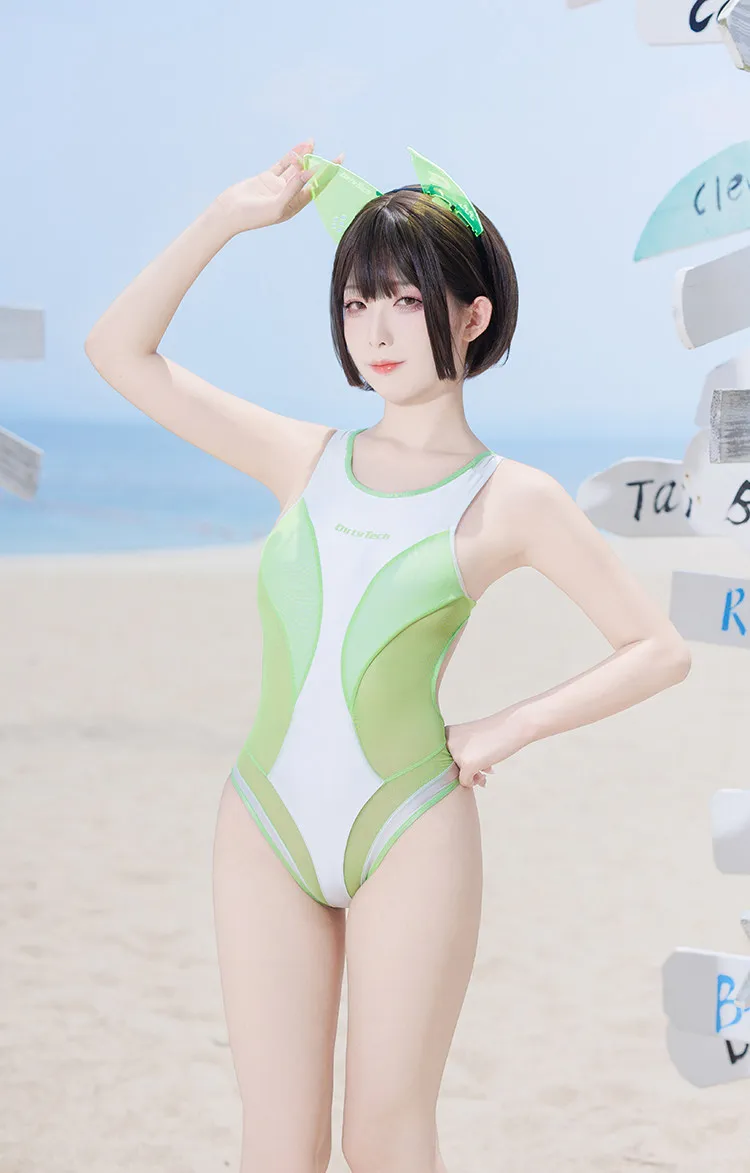 Sport Swimsuit One Piece Mesh Transparent Splicing High Split Racing Swim Anime Cos Sexy Cute Hot Spring for Women view 4