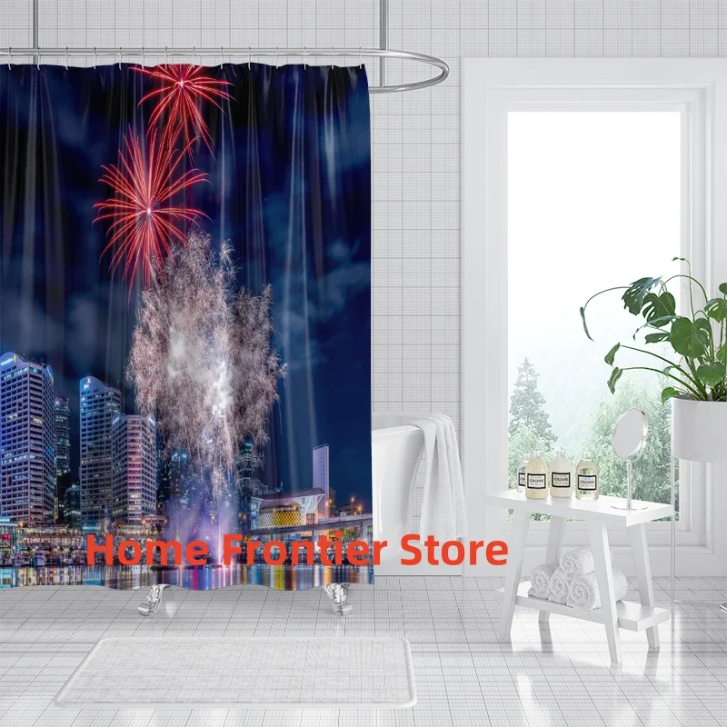 

Fireworks Natural Scenery Shower Curtain Polyester Washable Fabric with Hooks Home Decorative Screen