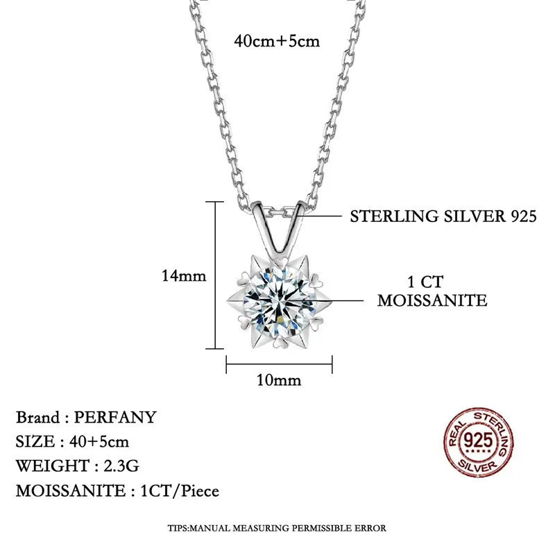 PERFANY 1-3CT Moissanite Women\'s Necklace S925 Pure Silver Snowflake Simulation Diamond Pendant Wedding High-end Jewelry