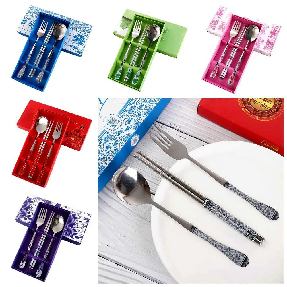 3pcs/set Stainless Steel Portable Tableware Set Chinese Style Blue and White Porcelain Pattern Chopsticks Spoon Fork Gift Box