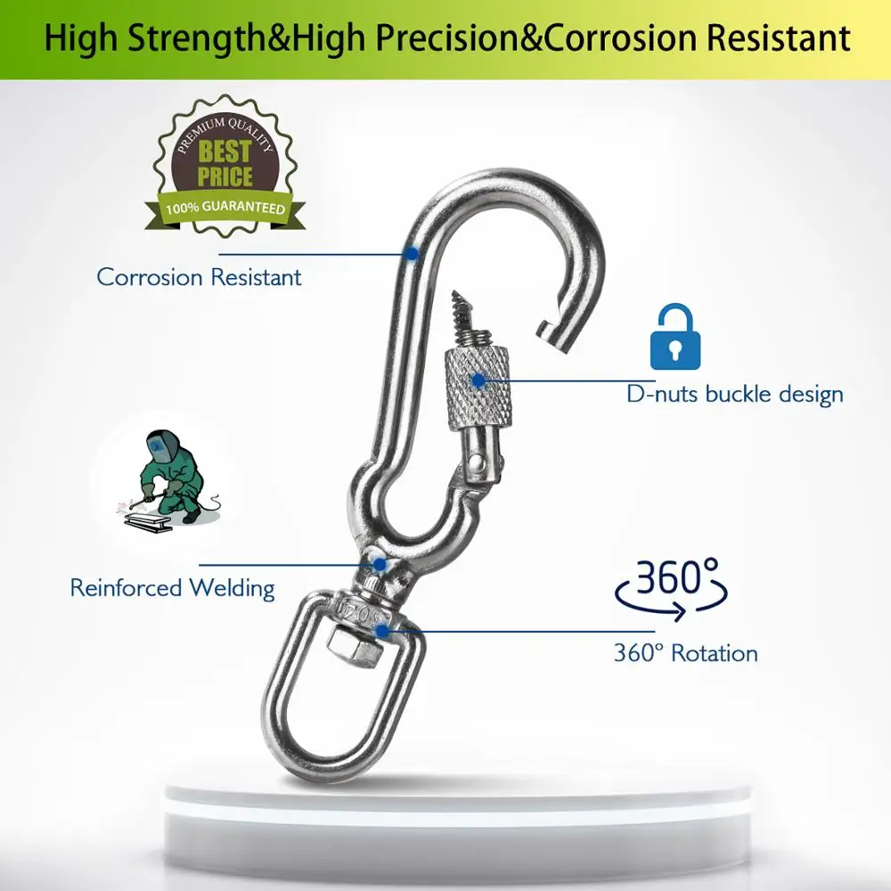 2Pcs Multi-purpose Silver Swivel Eye Spring Snap Hook Pet Leashes Quick hook Chain Carabiner Stainless Steel Hiking Camping
