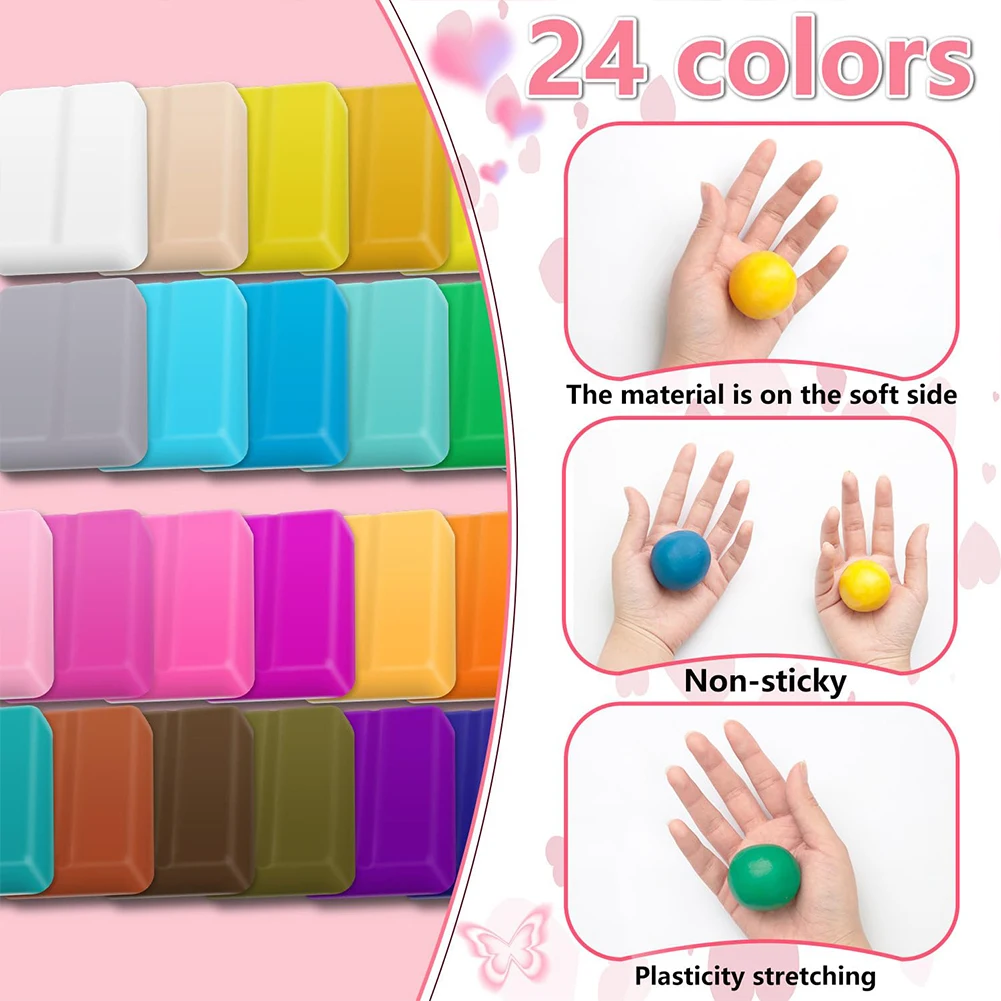 24 Colors Polymer Clay Modeling Clay Non-Toxic Modeling Baking Clay Starter Kit with Sculpting Tools for Jewelry Making