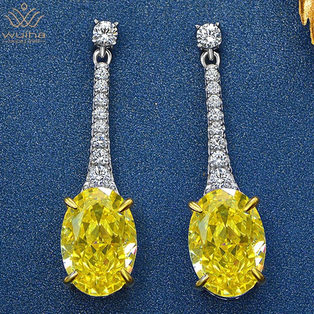 

WUIHA 925 Sterling Silver Oval Cut 8*11mm Fancy Yellow Sapphire Created Moissanite Diamond Drop Earrings for Women Wedding Gifts