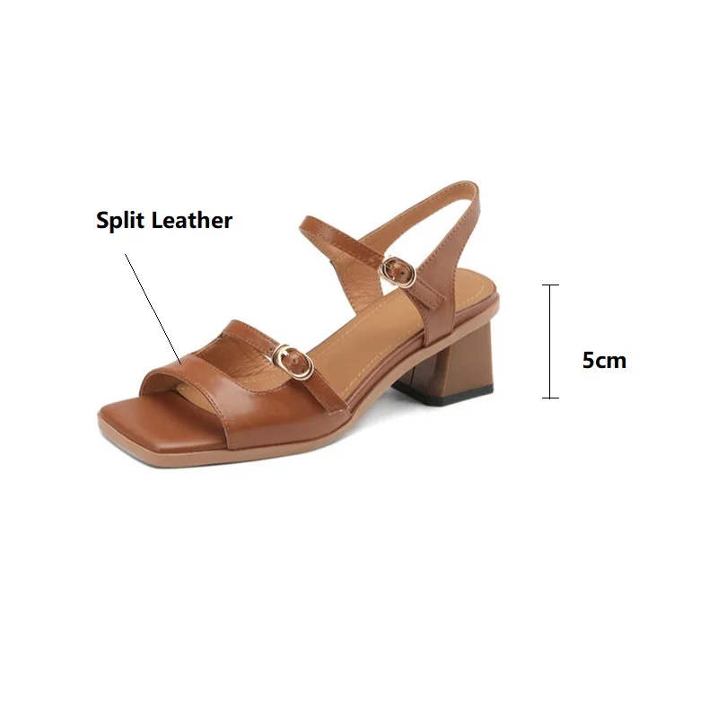 2023 New Summer Sandals Women Square Toe Shoes Chunky Heel Open Toe Retro Sandals for Women Handmade Split Leather Women Sandals