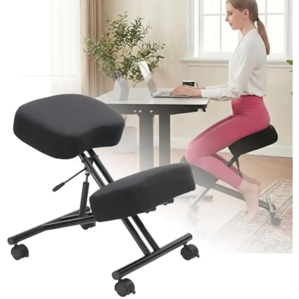 Ergonomic Kneeling Seat with Linen Upholstery Adjustable Hydraulic Height 21 to 26.5 Inches Silent Brake Casters Sturdy Steel Fr