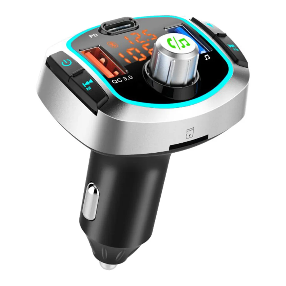 Bluetooth FM Transmitter with Dual Screen Universal Car Wireless Audio Receiver with 7 Clor Lights PD QC3.0 Fast Charge