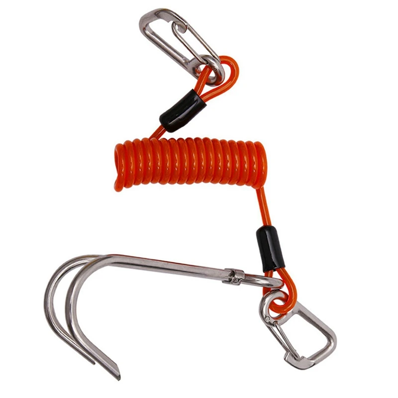 

2X Double Head Dive Reef Rafting Hook Stainless Steel Reef Hook Spiral Coil Spring Cord Dive Safety Accessory - Orange