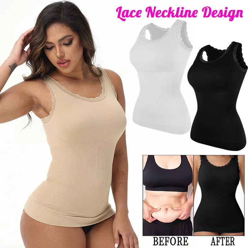 

SLIMBELLE Women Compression Tank Top Sexy Sleeveless Lace Strap Camisole Square Neck Vest Tummy Control Push Up Lingere Corset