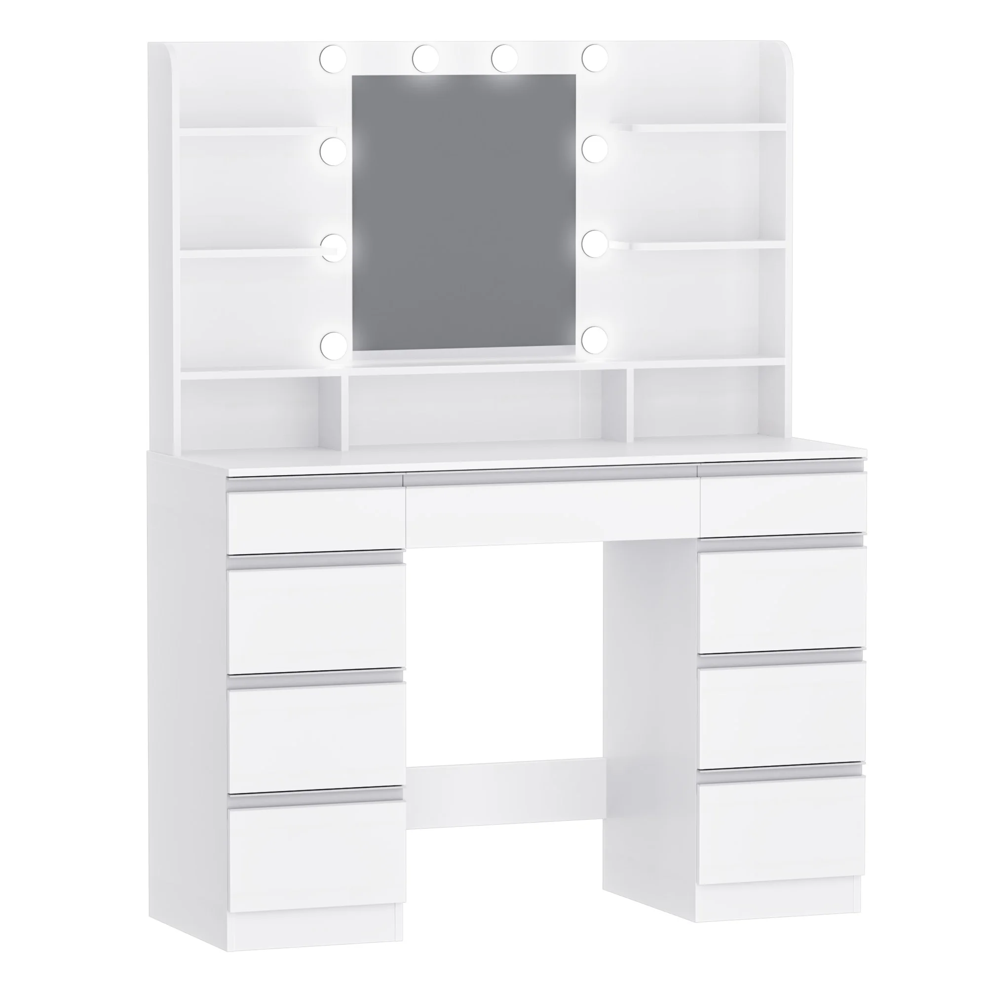Kaptafel met LED-verlichting, 10 LED-lichtballen, 3 kleuren, instelbare helderheid, met spiegel, 9 laden, 9 open planken