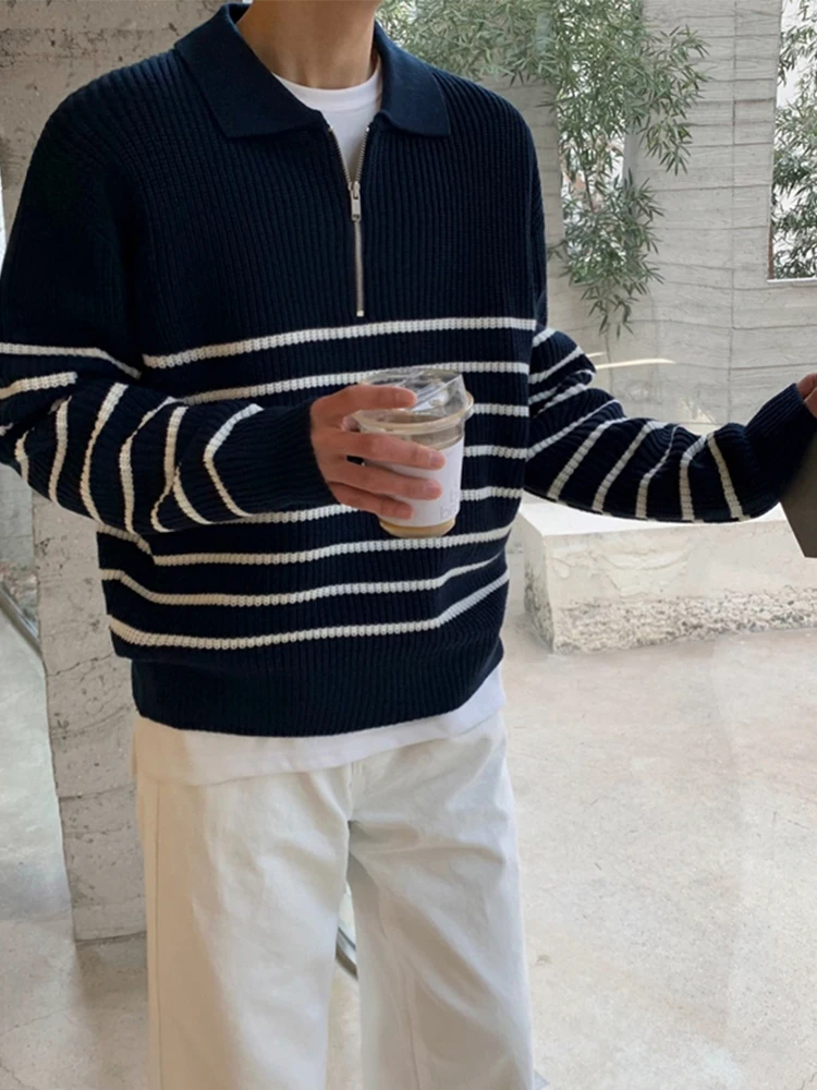 

Мужской вязаный свитер с длинным рукавом, повседневный, свободного кроя, с молнией, модный городской стиль, в полоску, осень-зима