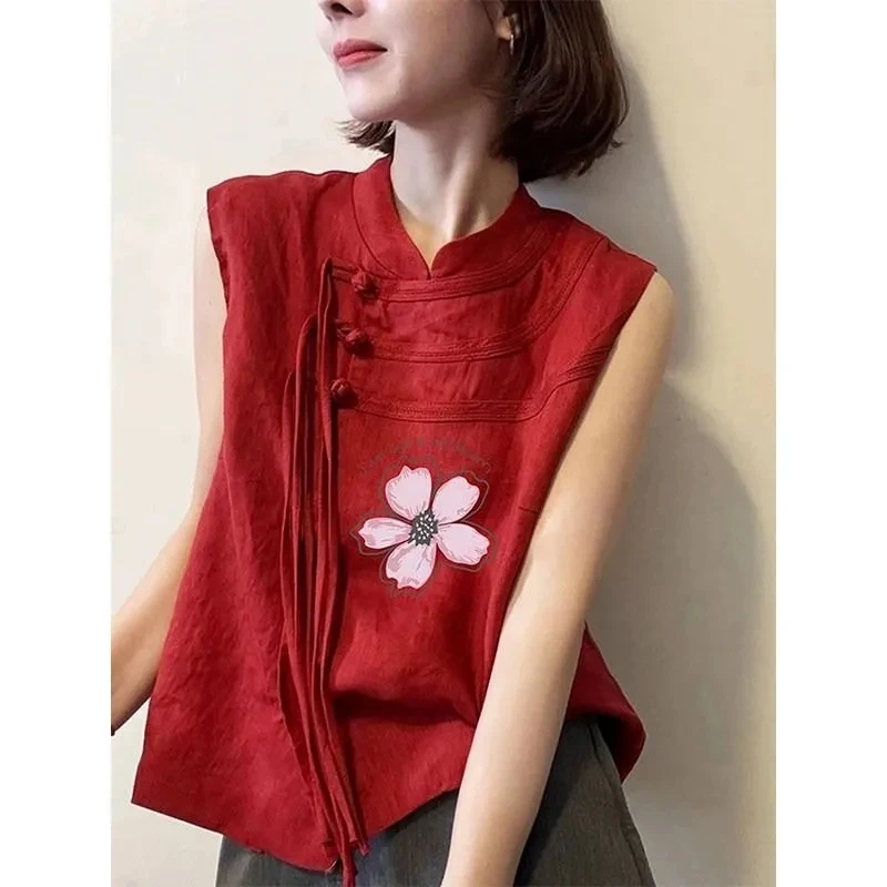 2026 New Red Sleeveless Chinese Style Tank Top with Floral Embroidery V Neck Linen Blend Summer Casual Vest for Women