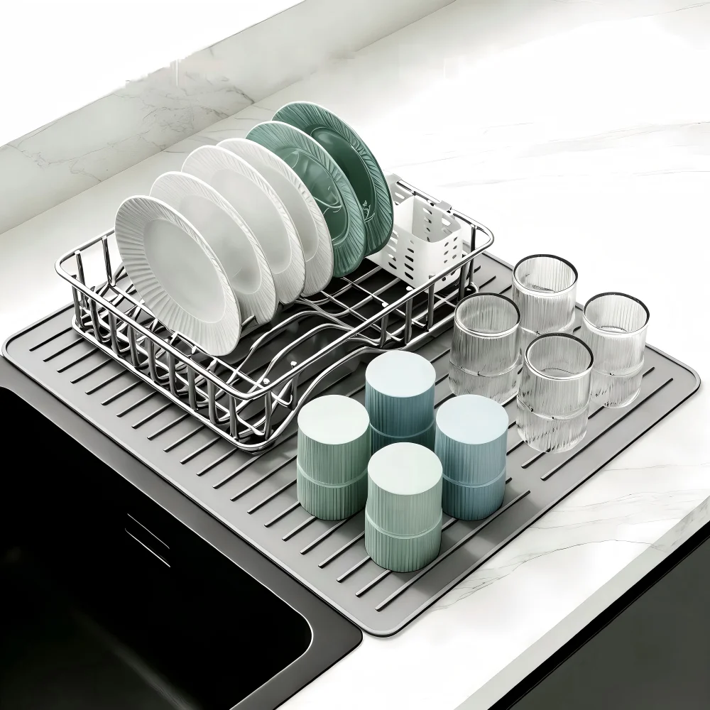 Silicone Dish Drying Mat, Non Slip Heat Resistant Kitchen Counter Protector Tray with Raised Drain Channels, Lip Edge Water