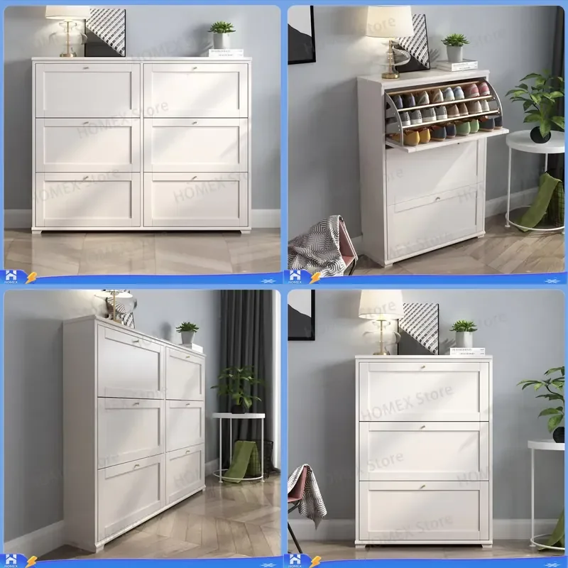 Modern Ultra Thin Solid Wood Shoe Cabinet Flip Door Adjustable Shelf Entryway Shoe Bench Space Saving Home Furniture
