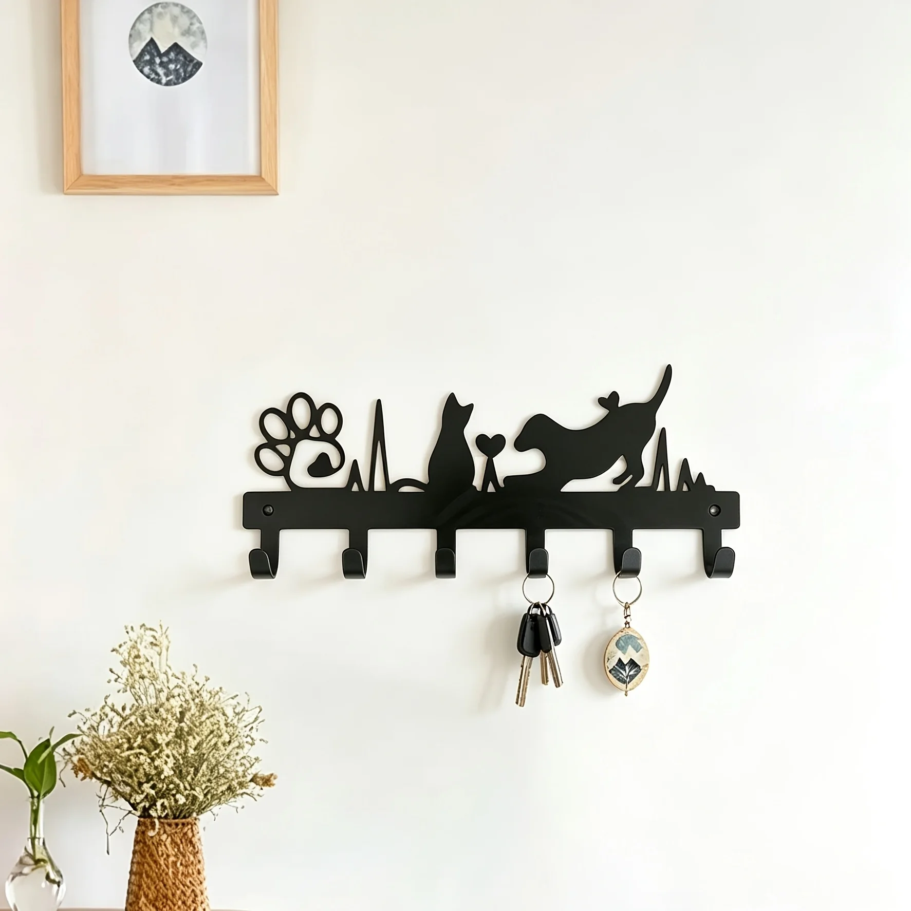 CIFBUY 1pc 6-Hook Modern Black Metal Wall Mount Cat and Dog Interactive Decor Key Holder for Entryway Bedroom Pet Lover Gift