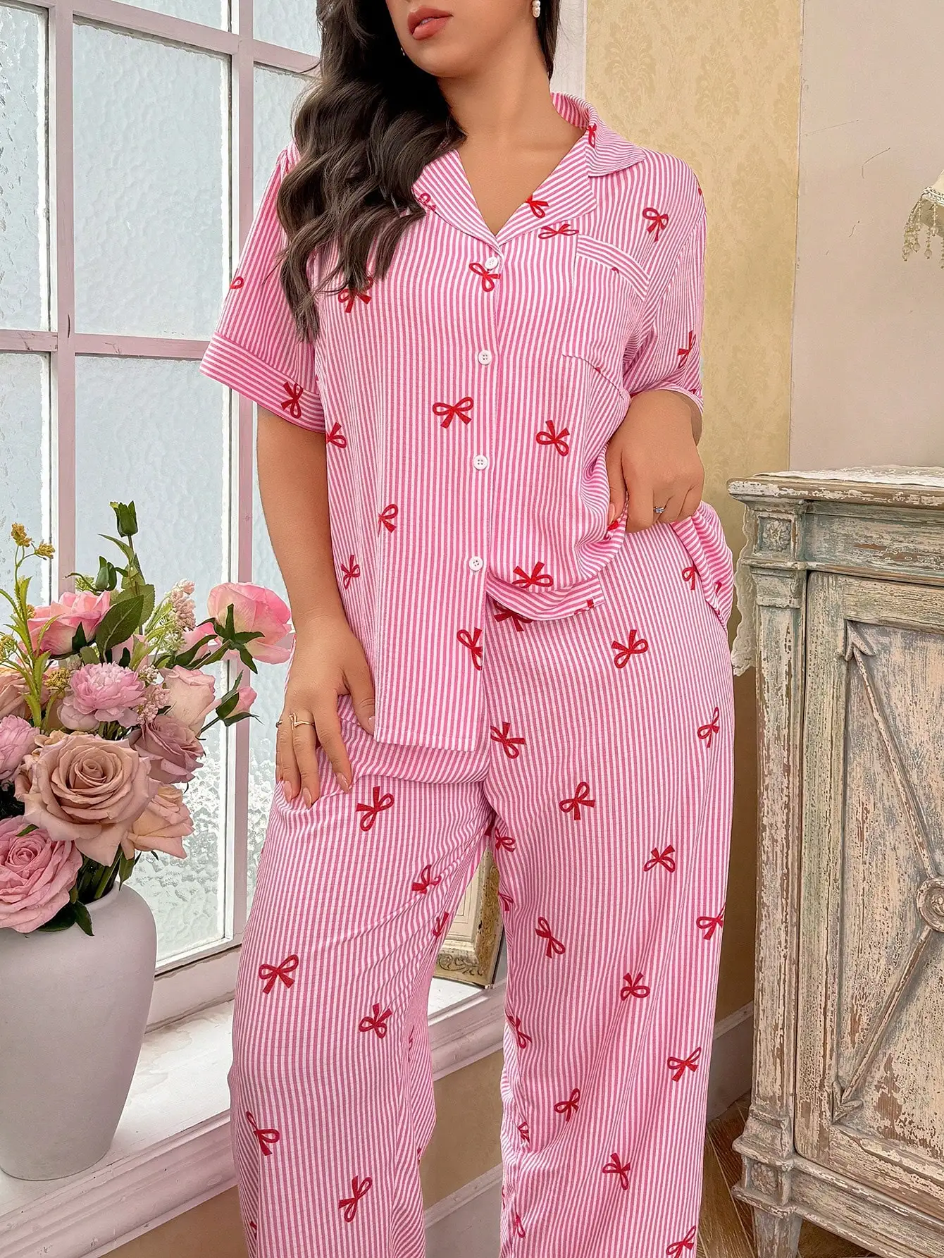 

Plus Size Striped Bow Print Short Sleeve Pajama Set Women Comfortable Lounge Sleepwear