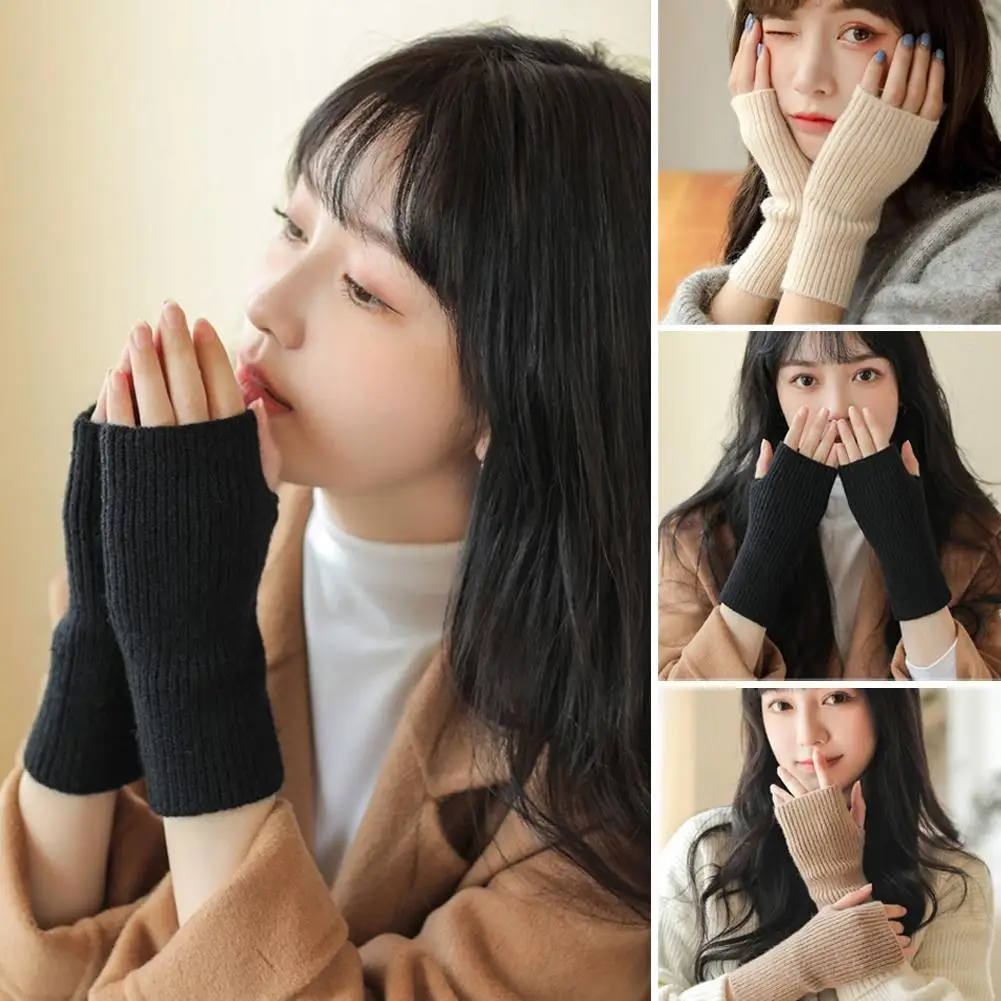 Solid Half Finger Gloves for Women Winter Soft Warm Wool Knitting Arm Gloves Writting Warm Mittens Handschoenen Guantes