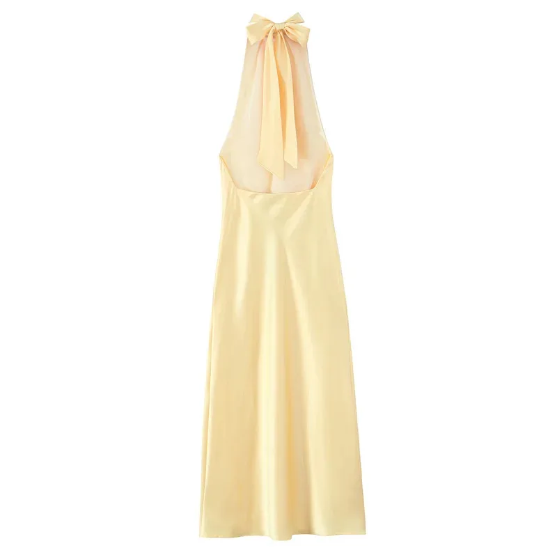 Robe Chic dos nu en soie pour femmes, col licou, sans manches, moulante, plissée, élégante, mode, robe de plage, été