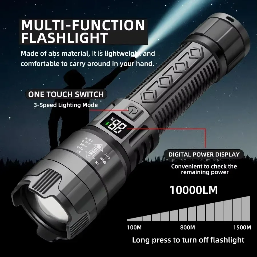 High Power 2000LM LED Flashlight Built-in Battery USB Rechargeable Strong Light Tactical Torch Outdoor Camping Hiking Lantern
