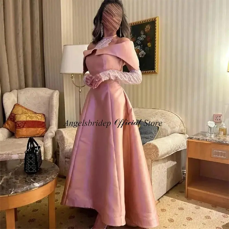 Angelsbridep Rose Pink Satin Evening Dress A Line Off The Shoulder Tea Length Saudi Arabia Sleeves With Beads Long Prom Dress