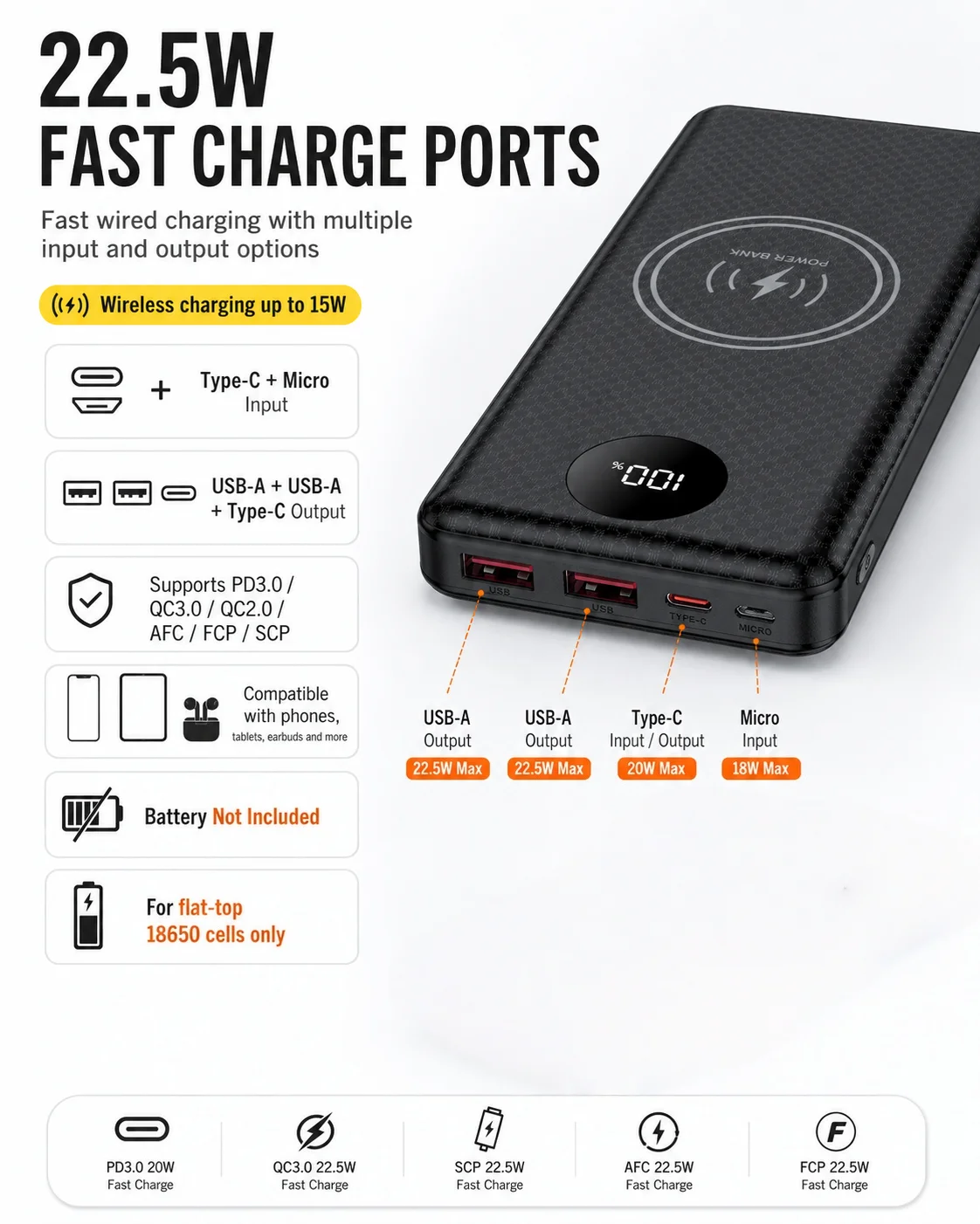Built-in LED Light Large Capacity Power Bank Housing 8 Slots 18650, DIY Case With 22.5W PD Charge and 15W Wireless Charging