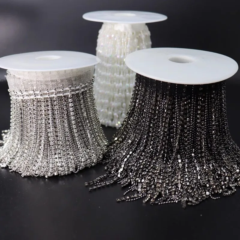 0.5m Silver Grey Fringed Metal Chain Crystal Beaded Lace Handmade Tassel Trim DIY Jeans Bags Shoes And Hats Decoration Pendant