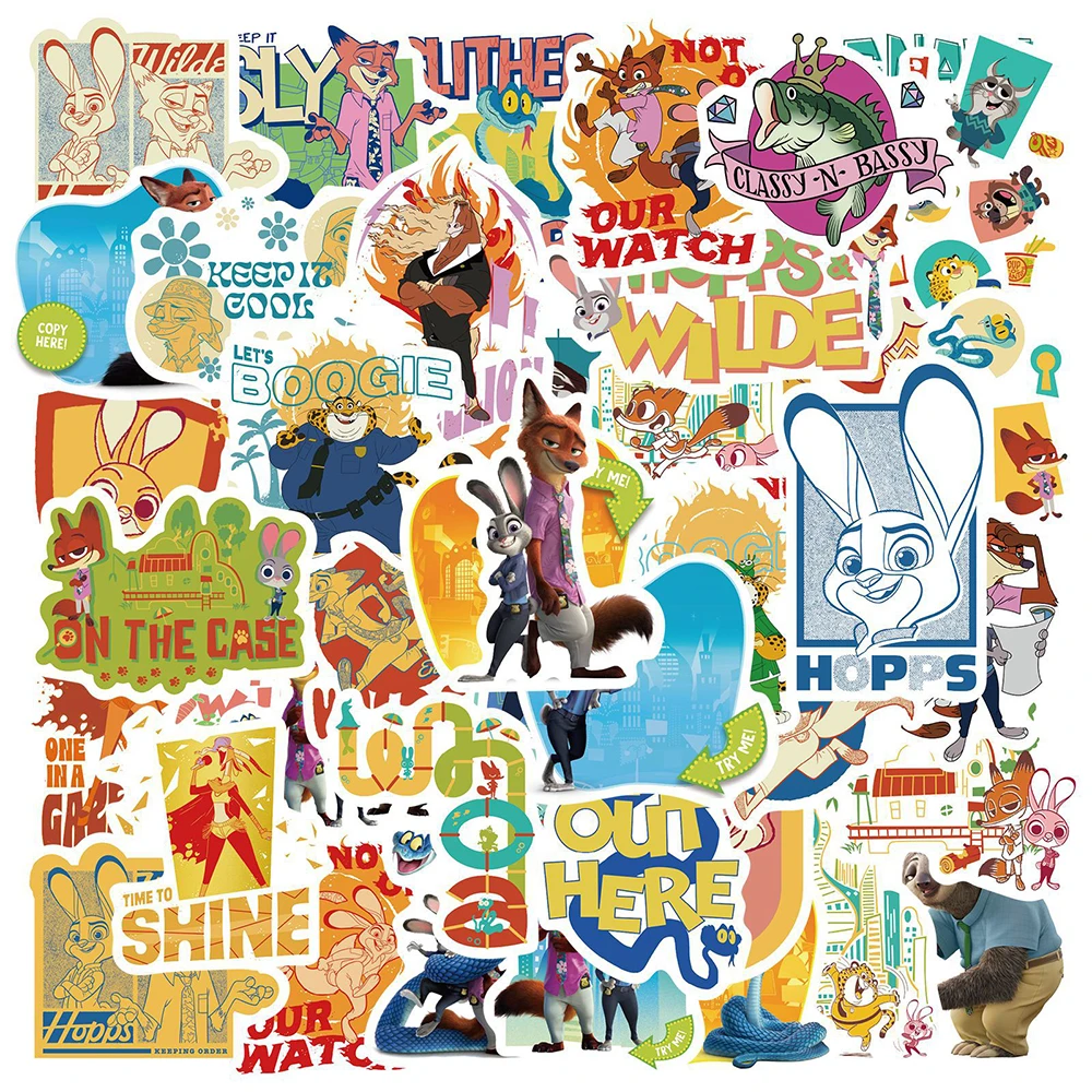 10/30/50 قطعة الكرتون الكلاسيكية Zootopia 2 ملصقات لطيف ديزني أنيمي الكتابة على الجدران ملصق ل سكيت الدراجة مضحك الشارات الديكور
