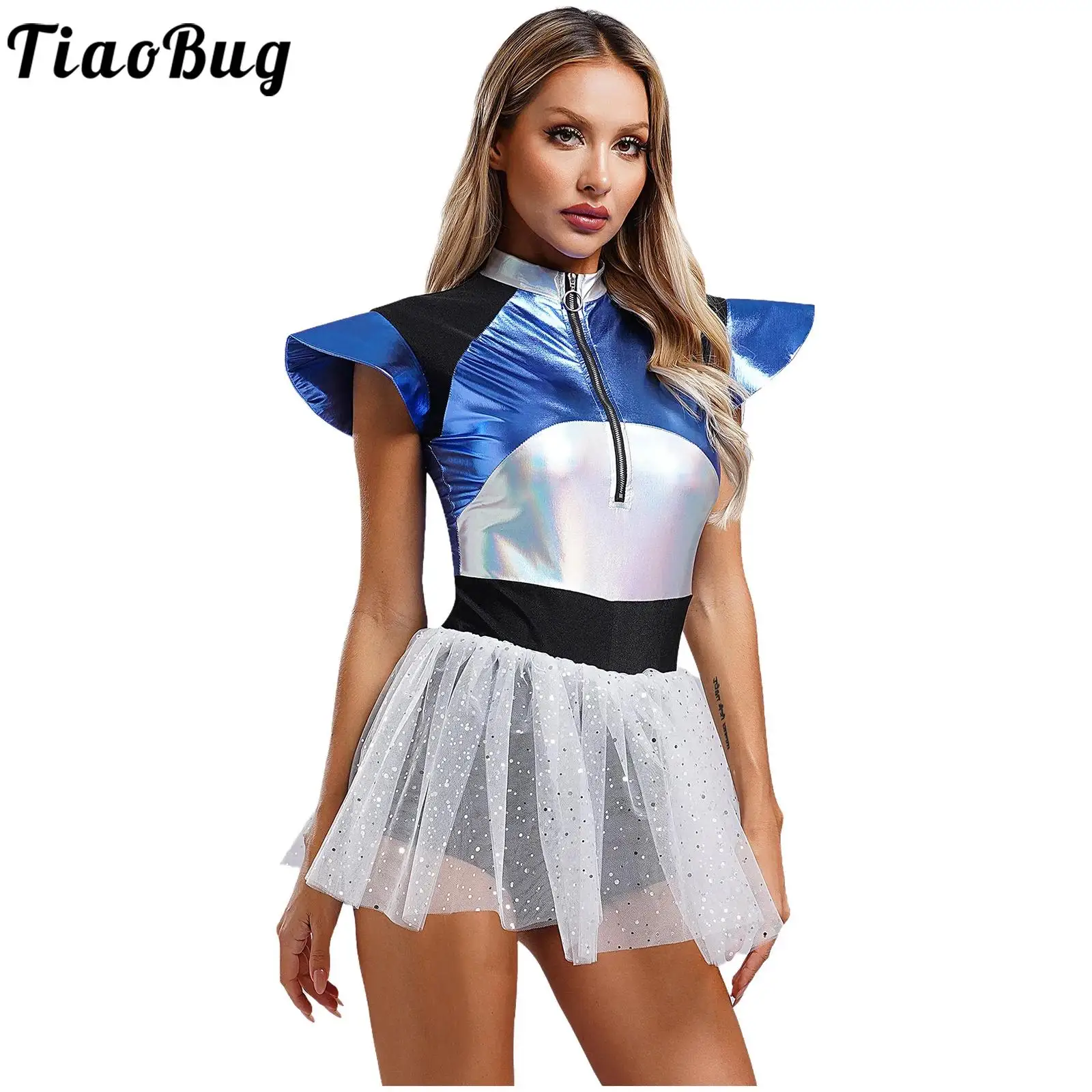 

Halloween Women Metallic Fly Sleeve Sequined Tulle Mesh Dress for Carnival Holiday Alien Astronaut Outer Space Cosplay Uniforms