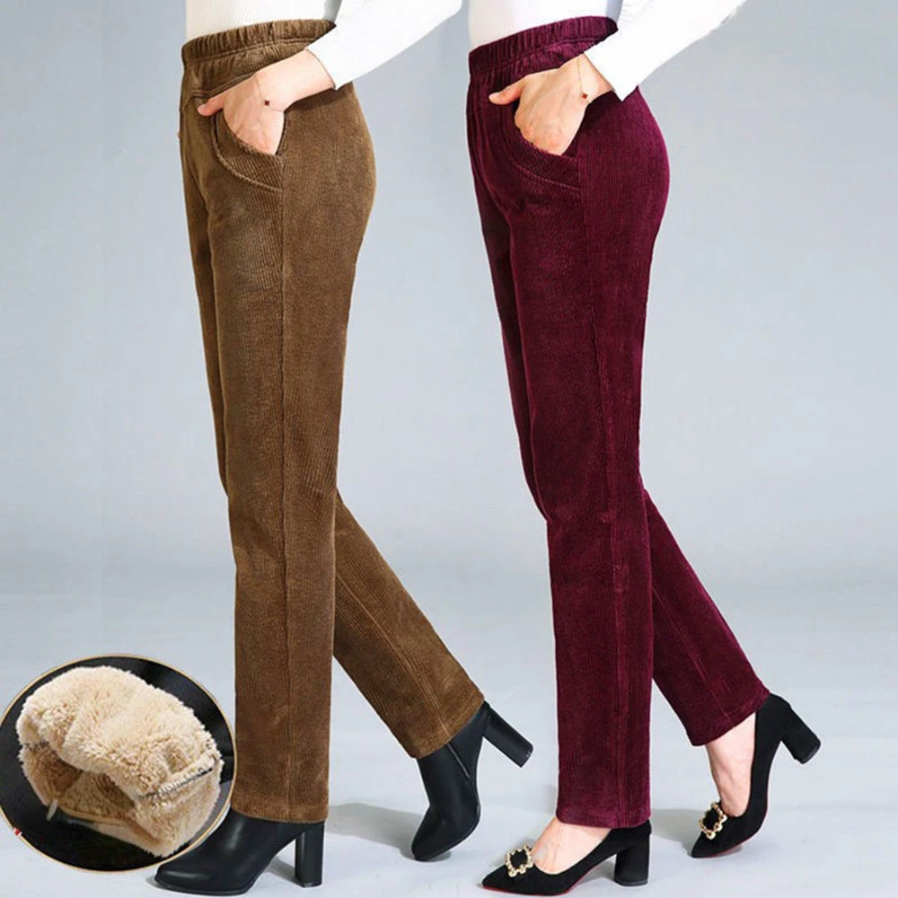 

Winter Warm Cashmere Trousers Vintage Slim Waist Add Velvet Lady Pants Casual Thickening Corduroy Straight Pants Women