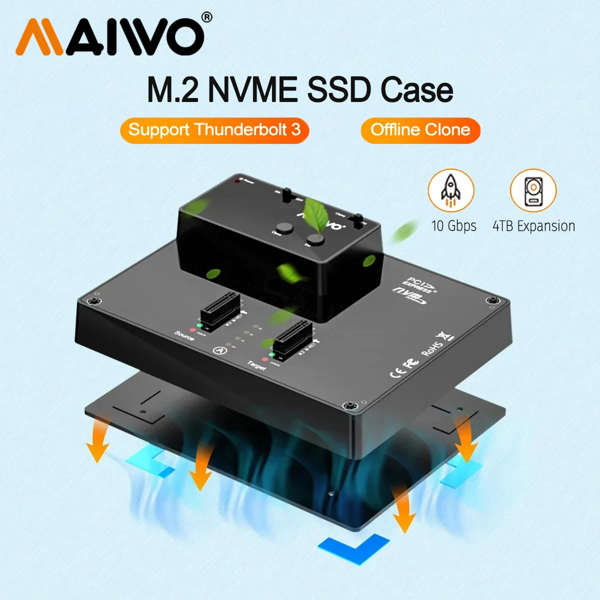 

MAIWO Dual-Bay M.2 NVME Docking Station Type-C 10Gbps NVMe SSD External Enclosure with Offline Clone and System Copy Function